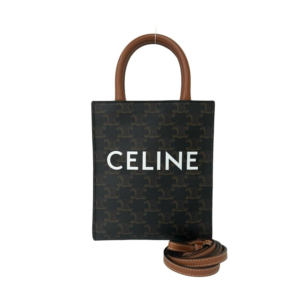 CELINE Mini Vertical Cabas Triomphe Logo Pattern Leather 2-way Shoulder Bag/H...